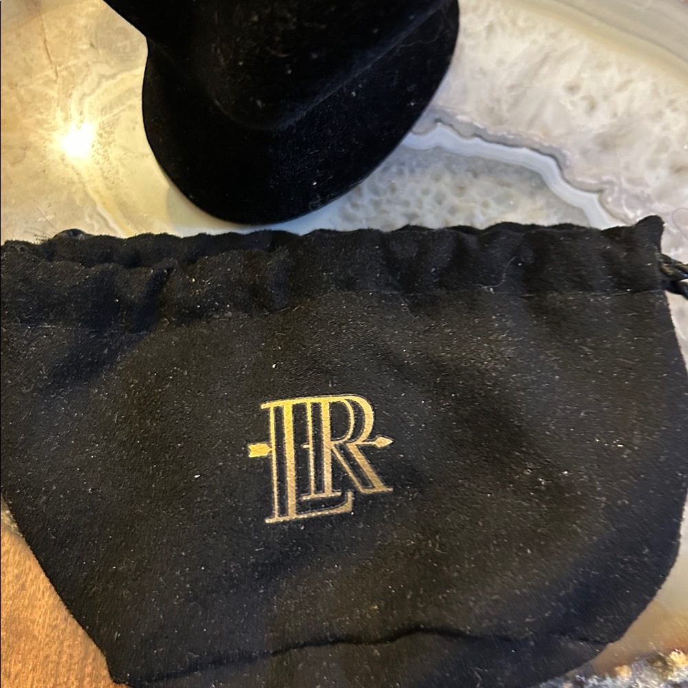 LR Bronze Italy Gold Tone Earrings with black drawstring dust bag, 1 1/4” - Picture 3 of 6
